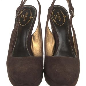 Prada Chocolate Brown Suede Slingback Platform Pumps